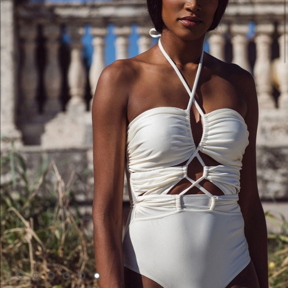 PatBO Cream Halter One Piece Swimsuit